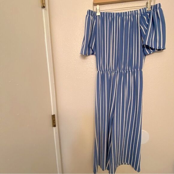 Blue minimal Stripe Culotte Jumpsuit off shoulder romper blue coastal preppy S - Picture 2 of 10